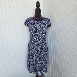 Connected Dress SZ 6 Sheath Navy Blue Dot Draped Ruched Stretch Cap Sleeve D16